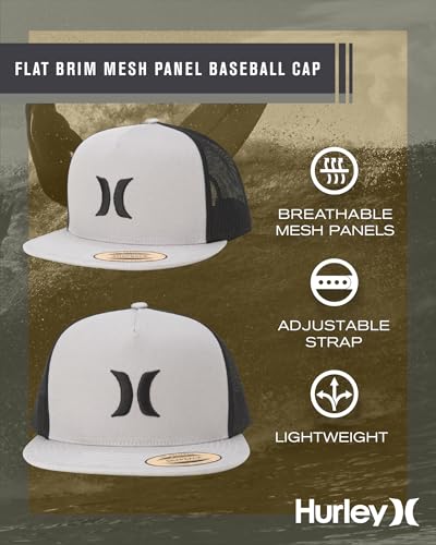 Hurley Mens Cap Flat Brim Mesh Panel Trucker Hat, Snap Back - color: Grey
