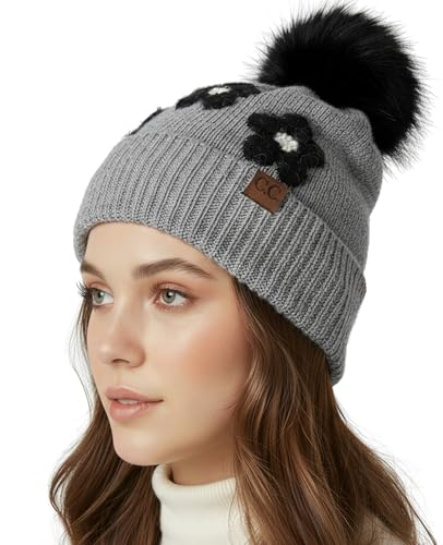 Funky Junque Beanie for Women Ultra Soft Chenille Faux Fur Pom Pom Winter Hats Warm Ski Cap Fashion - color: Daisy - Grey