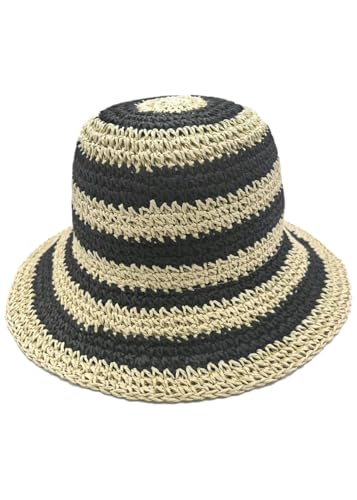 Woven Straw Hat for Women Foldable Summer Beach Hat Wide Brim Floppy Bucket Hat - color: Black/Beige