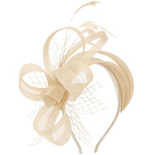 DRESHOW Fascinators Hats for Women Tea Party Hat Vintage Derby Pillbox Kentucky Hat Church Cocktail Headwear - color: 1 Pack Fascinator Headband: Beige