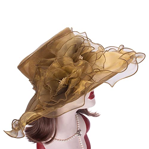 Lawliet Womens Dressy Wide Brim Church Wedding Occasion Sun Hat A613 - color: Gold