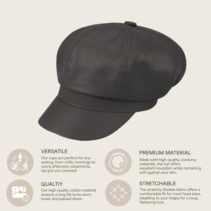 C.C Knitted Newsboy Cap for Women – Soft Knit Hat with Adjustable Velcro, Lightweight Warm Winter Style - color: Faux Leather-gery Brown