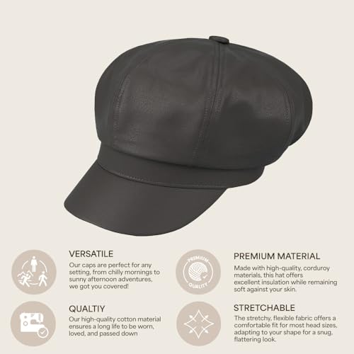C.C Knitted Newsboy Cap for Women – Soft Knit Hat with Adjustable Velcro, Lightweight Warm Winter Style - color: Faux Leather-gery Brown