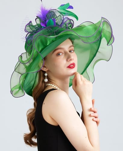 Women Organza Derby Hat Fascinator Tea Party Wedding Church Derby Hat Fascinator Hats Dual-use - color: 02c Grass Green
