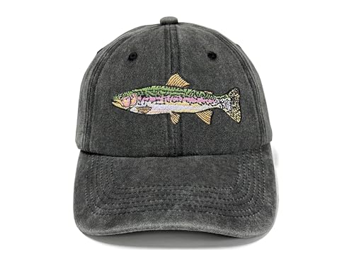 Fishing Baseball Cap for Men Women, Adjustable Embroidered Fish Hat - color: Rainbow Trout (Washed Black)