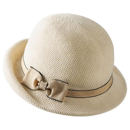 Women Beach Cloche Sun Bucket Hat Rolled Church Hat Folded Shipping - color: Bowknot/Beige
