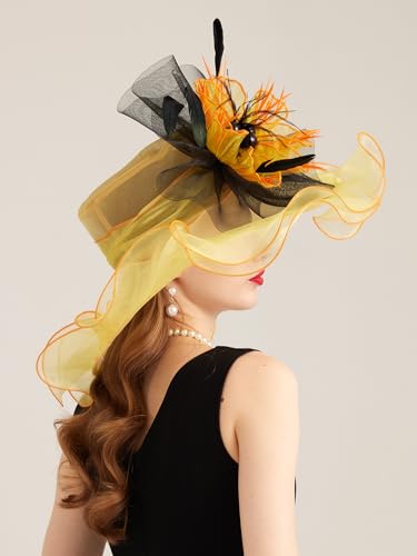 Women Derby Church Hat Organza Flower Wedding Tea Party Fascinator Wide Brim Sun Hat - color: 10-yellow Orange