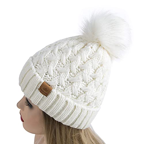 PAGE ONE Womens Winter Ribbed Beanie Crossed Cap Chunky Cable Knit Pompom Soft Warm Hat - color: White