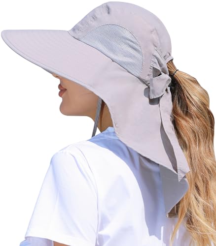 Womens Sun Hat Outdoor UV Protection Wide Brim Fishing Hat with Ponytail Hole Neck Flap for Beach Hiking Camping - color: Sun Hat-light Gray