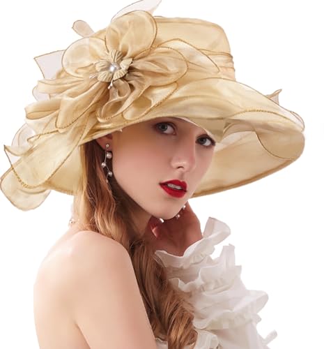 Organza Fascinator Hat - Women’s Wide Brim Church Bridal Tea Party Wedding Hat - color: 02a-gold