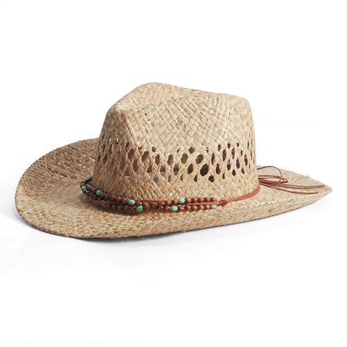 Straw Cowboy Cowgirl Hats for Women Men Summer Beach Hat Shapeable Brim - color: Wood Beads