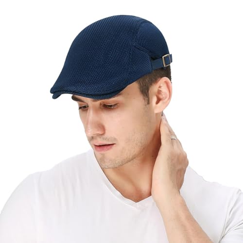 DIYDECAL Mens Breathable Mesh Summer Hat Adjustable Newsboy Beret Ivy Cap Cabbie Flat Cap - color: Navy Blue