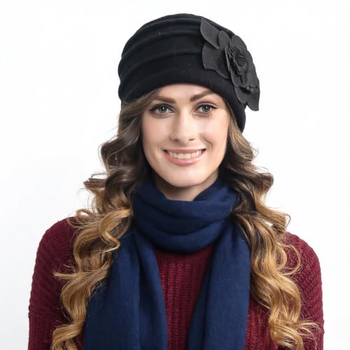 Vintage Women Floral Wool Dress Cloche Winter Hat 1920s - color: C022-d-black