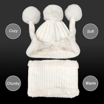HUAMULAN Women Winter Knit Beanie Hat Circle Scarf Set Pompoms Ear Flaps - color: White Solid