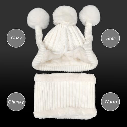 HUAMULAN Women Winter Knit Beanie Hat Circle Scarf Set Pompoms Ear Flaps - color: White Solid