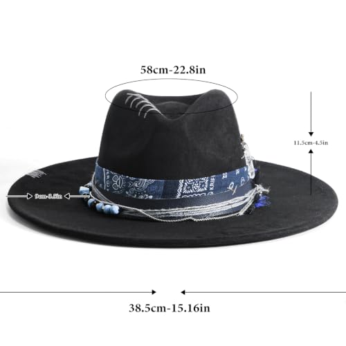 Wide Brim Fedora Hat for Men Women Retro Western Felt Hats - color: Jetblack