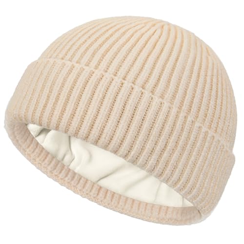 Fleece Lined Wool Short Fisherman Beanie Men Women Cuff Winter Hat - color: 1pc-beige
