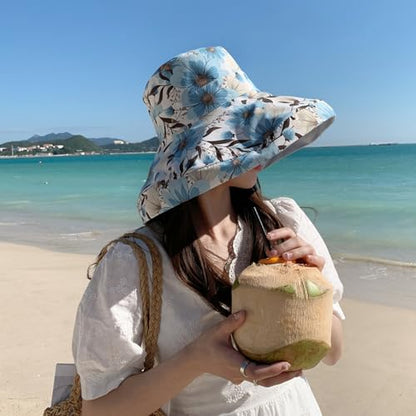 Women Bohemian Reversible Sun Hat Wide Brim Fishing Hats - color: Blue Boho Print