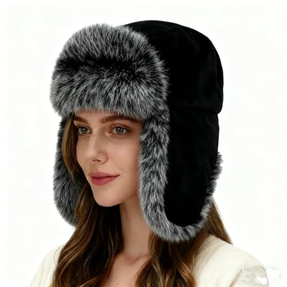 Winter Fuzzy Knit Trapper Hat with Faux Fur Earflap Fleece Lined Windproof Russian Ushanka Cap Ski Snow Hunting Hat - color: Fleece-black