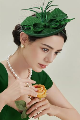 BABEYOND Fascinators Hats for Women Tea Party Pillbox Sinamay Derby Hat - color: Dark Green