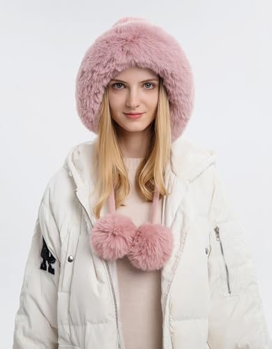 HUAMULAN Women Winter Sherpa Knit Beanie Hats Fleece Lined Ear Flaps - color: Pink Solid
