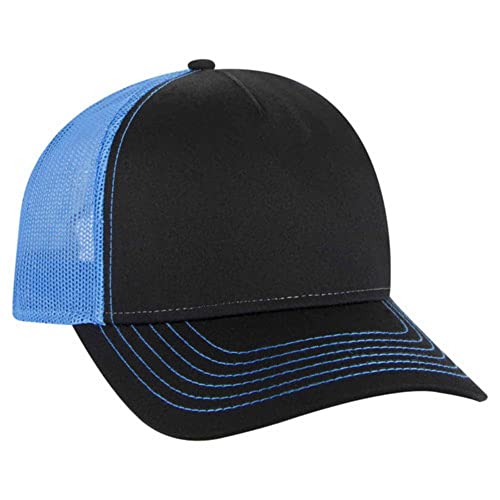 The Vintage Year Plain Cotton Structured Mesh Adjustable Trucker Sports Baseball Cap - color: Black/Black/Neon Blue
