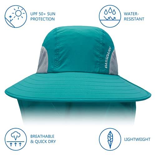 BASSDASH UPF 50+ Unisex Water Resistant Wide Brim Sun Hat with Large Neck Flap Ponytail Fishing Hat for Men Women - color: Lake Green