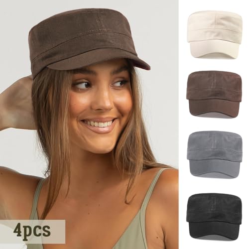 Glamorstar Unisex Cadet Army Hats 4 Pieces Military Flat Top Newsboy Cap - color: Black+grey+brown+beige