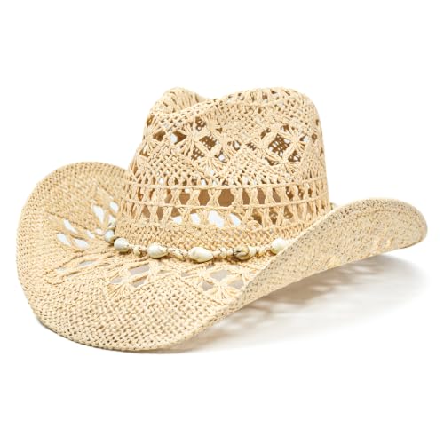 Keilin Cowboy Hats for Women and Men - Straw Teardrop Western Cowgirl Cowboy Sun Hat for Teens and Adults - color: Beige Braided Sea Shell