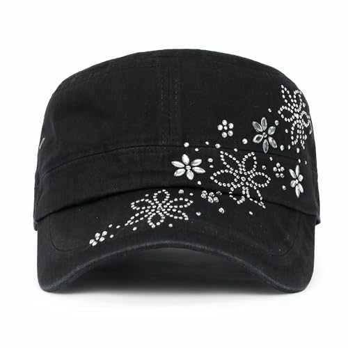 ililily Rhinestone Cotton Cadet Cap Vintage Distressed Cotton Military Army Hat - color: Black / Crystal