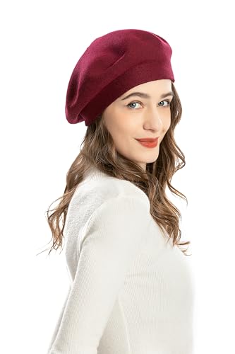 ZLYC Women French Beret Hat Reversible Solid Color Knit Warm Artist Cap - color: Burgundy
