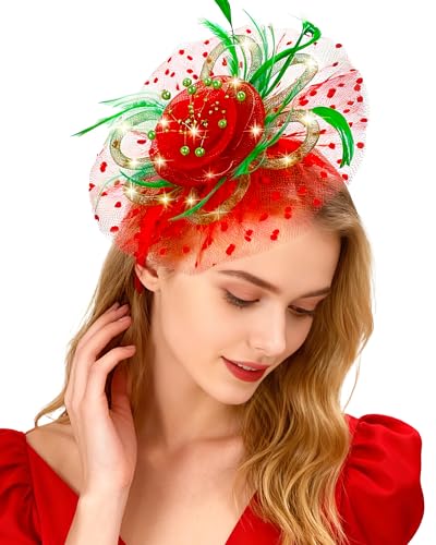 Women Fascinator Hats LED Light Up Headband for Tea Party Halloween Night Headwear Christmas Mardi Gras - color: Red Green
