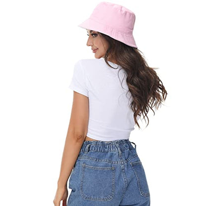 Women Reversible Bucket Hat, Summer Sun Hat for Women - color: Black- Pink