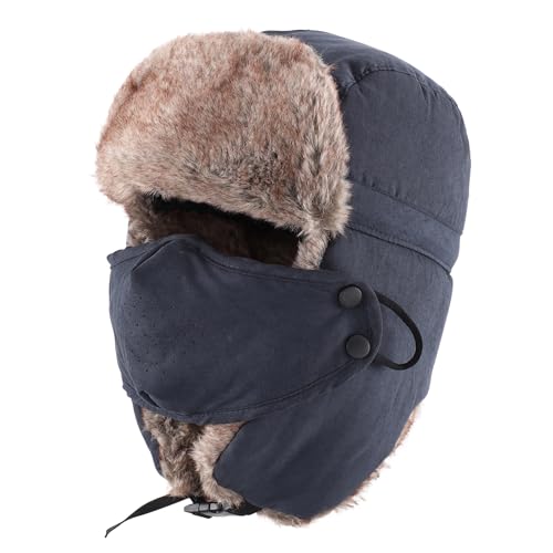 Home Prefer Mens Warm Faux Fur Trooper Trapper Hat Outdoor Reflective Winter Hunting Hat with Ear Flaps Face Mask - color: Navy Blue