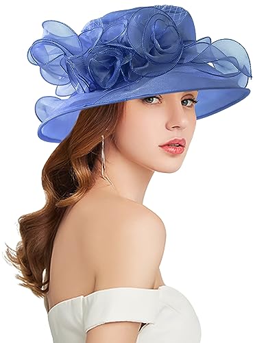 Women Derby Fascinator Hat Organza Church Wedding Hats Wide Brim Cocktail Tea Party Hat - color: 12 Dark Blue