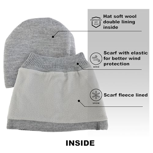 Hat and Scarf Set for Women – Knit Winter Beanie Fleece Lined Neck Warmer – Wool Double Layer Cap - color: Grey