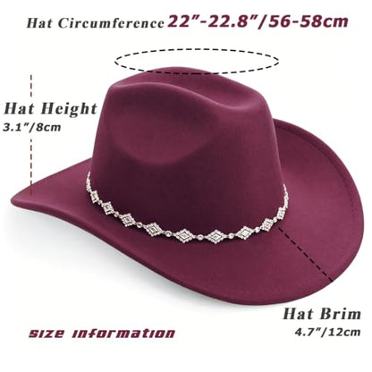 DRESHOW Women's Western Cowboy Hat Rhinestone Cowboy Cowgirl Hat Glitter Wide Brim Felt Fedora Hats Unisex Rolled up Caps - color: 1 Pack Style 11: Burgundy