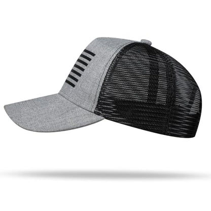American Flag Trucker Hat - Snapback Hat, Baseball Cap for Men Women - Breathable Mesh Side, Adjustable Fit - for Casual Wear - color: Heather Gray/Black
