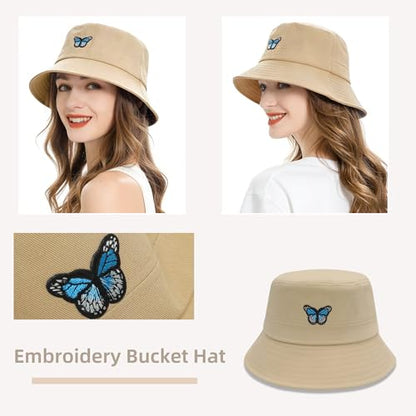 ZLYC Cotton Bucket Hat for Women Men Embroidered Packable Summer Sun Cap - color: Butterfly Khaki