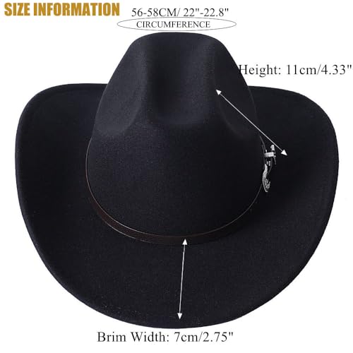 Men Women Wide Brim Western Cowboy Cowgirl Hats with Buckle Belt - color: Black