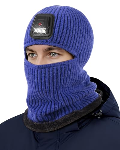 Winter Balaclava Knitted Ski Mask with LED Light - Fleece Lined Full Face Cover Windproof Snow Mask for Skiing, Motorcycling - color: Navy Blue