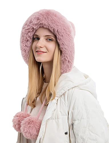 Winter Beanie Hats for Women with Ear Flaps Faux Fur Crochet Skull Cap Warm Outdoor Ski Snow Hats Pompoms - color: Pink