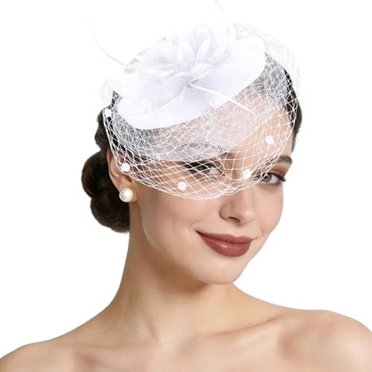 Semato Fascinators Hats for Women Mesh Feathers Elegant White Tea Party Kentucky Hat Derby Headband with Hair Clip - color: White