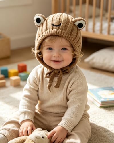 AMPOSSTO Baby Knitted Earflap Beanie Hat Cute Frog Winter Warm Ear Protection Skull Caps with Big Eyes for Boys Girls - color: Brown
