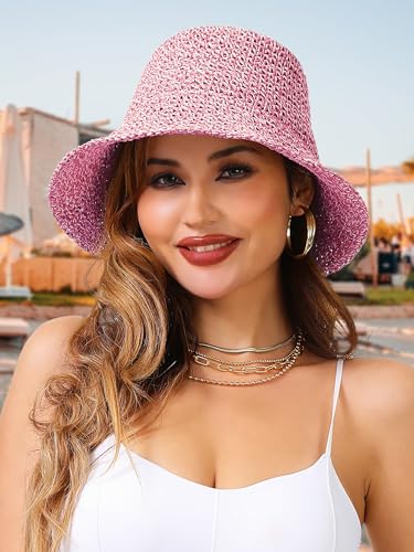 Womens Sun Hat Handmade Crochet Straw Bucket for Summer Foldable Travel Cap - color: Beige & Rose