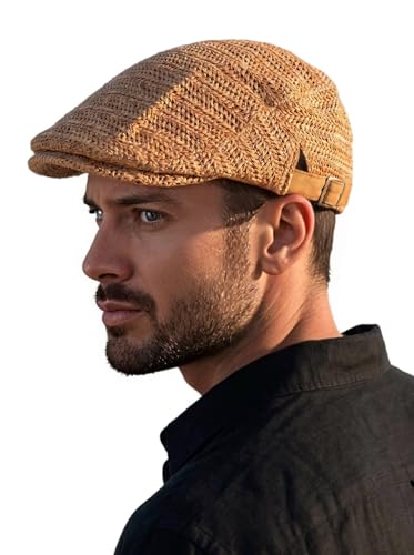 Men Straw Beret Newsboy Hat, Summer Straw Beret Hats for Women, Mesh Adjustable Flat Gatsby Hat Cabbie Ivy Driving Cap