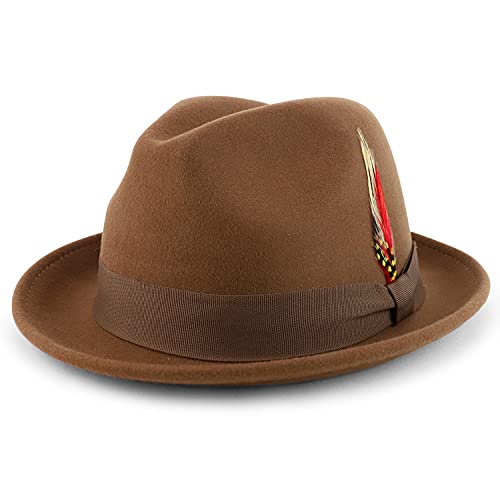 Armycrew Classic 100% Wool Felt Fedora with Feather Fits Upto 2XL - color: Pecan, size: XX-Large