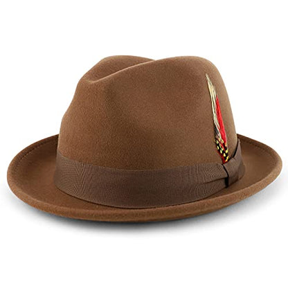 Armycrew Classic 100% Wool Felt Fedora with Feather Fits Upto 2XL - color: Pecan, size: XX-Large