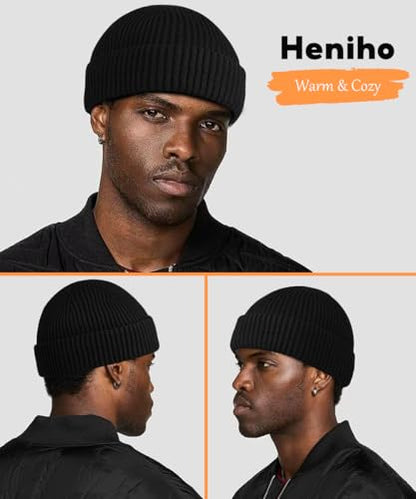 Heniho Wool Fleece Lined Fisherman Beanie for Men, Winter Warm Hats Cuffed Knit Watch Cap Trawler Hat - color: 2pack I- Black&grey