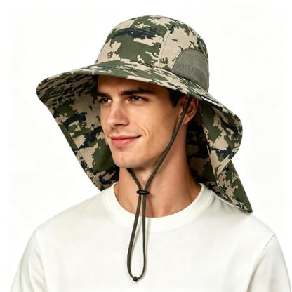 Tirrinia Wide Brim Sun Hat with Neck Flap for Men & Women - color: Digital Camo Green